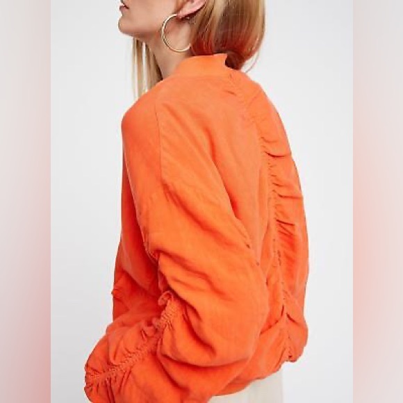 Free People Ruched Linen bomber orange Jacket - Picture 3 of 13